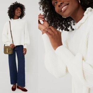 Tuckernuck Ivory Delphine Ruffle Neck Knit Wool Blend Sweater